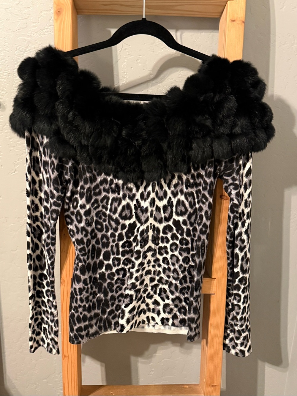 Belldini Black Faux Fur Trim Leopard Off-Shoulder Sweater